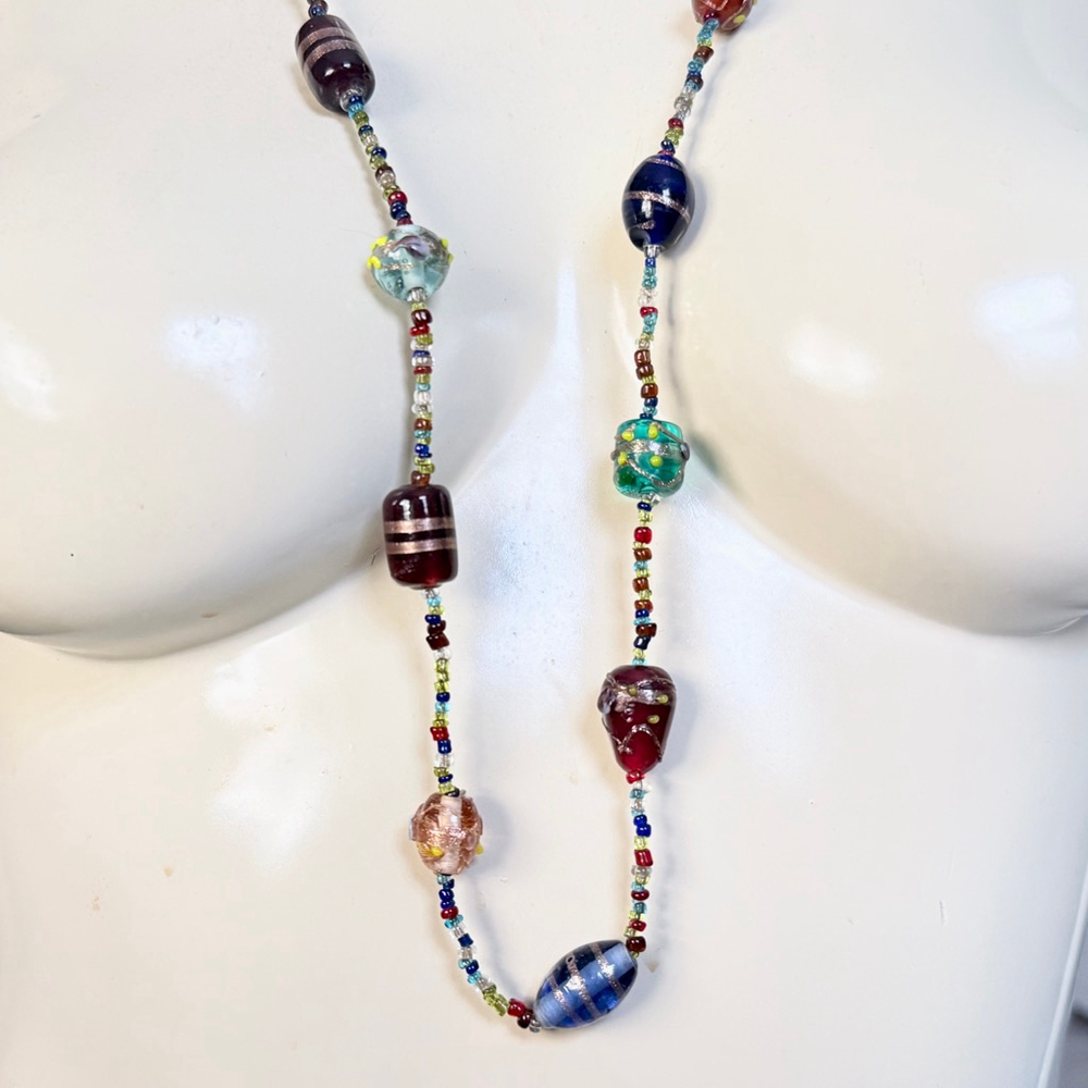 Vintage 1960s Venetian Lampwork Glass Necklace, Aventurine Art Glass Beads - Picture 6 of 7